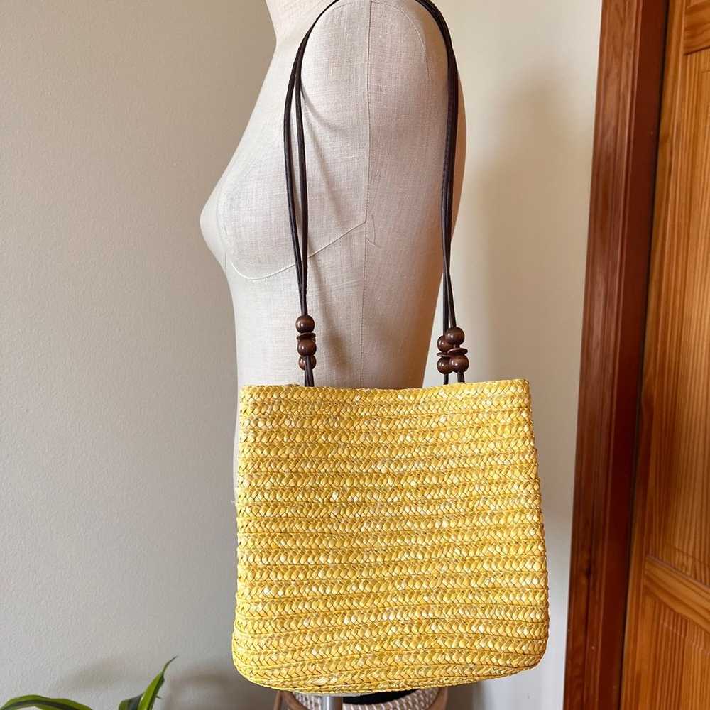 Vintage Yellow Wheat Straw Woven Purse Boho Beaded - image 2