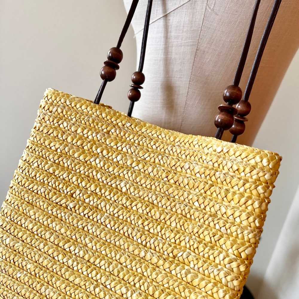 Vintage Yellow Wheat Straw Woven Purse Boho Beaded - image 3