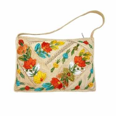 J.Jill Small Straw Shoulder Bag Natural Raffia & Floral Lining Bag 6X7