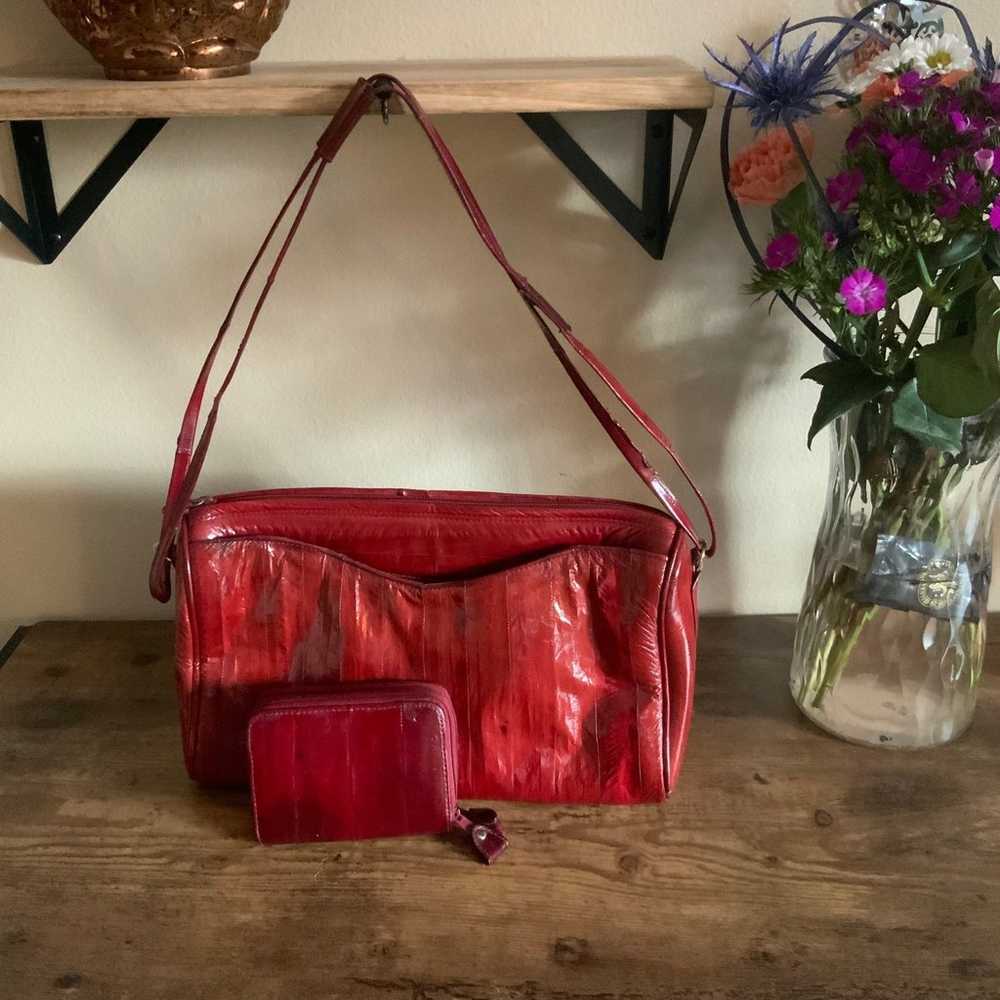 Vintage Red Eel Skin Handbag & Wallet Set - image 1