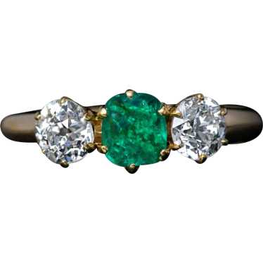 Antique Emerald Diamond Three Stone Ring - image 1