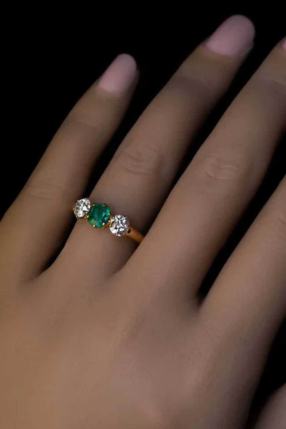 Antique Emerald Diamond Three Stone Ring - image 2