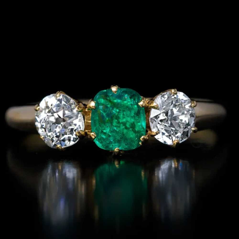 Antique Emerald Diamond Three Stone Ring - image 3