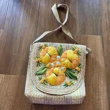 Vintage Woven Wicker Straw Raffia Floral Bag - image 1