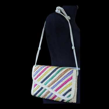 Vintage 1960s Rainbow Striped Woven Straw Bag By … - image 1