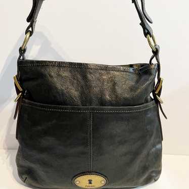 Vintage Fossil Large Black Pebbled Leather Hobo P… - image 1