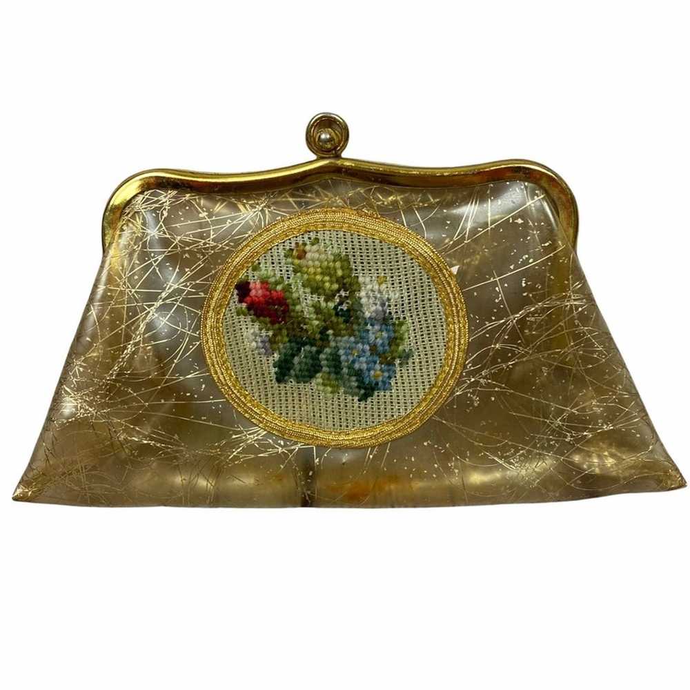 Vintage Clear plastic gold inlay embroidered purse - image 1