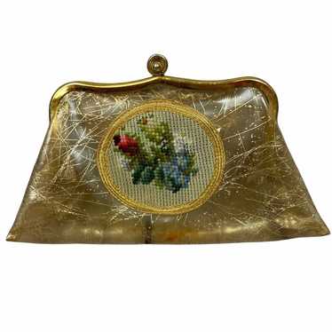 Vintage Clear plastic gold inlay embroidered purse - image 1