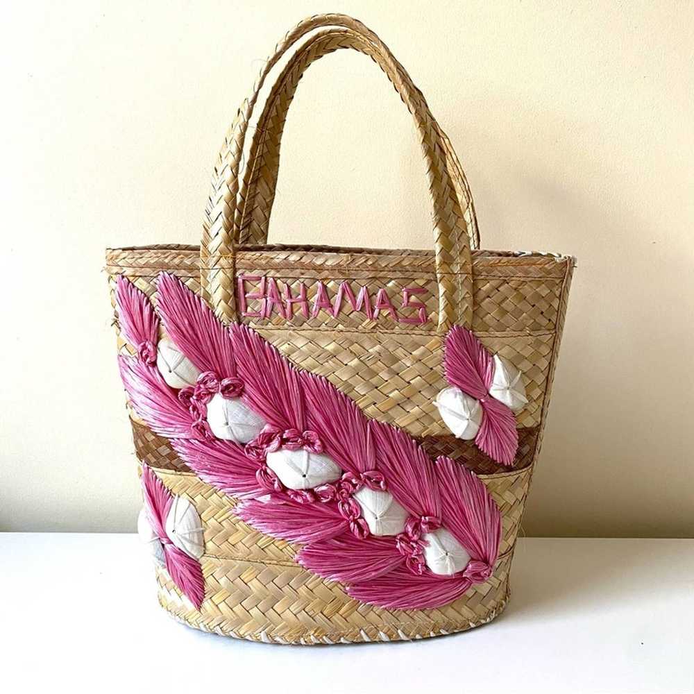 vintage woven straw tote pink with shells bahamas