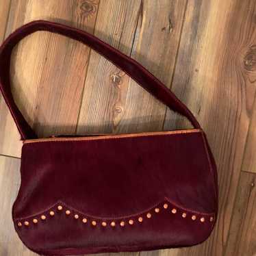 Vintage burgundy leather fur studded shoulder bag - image 1