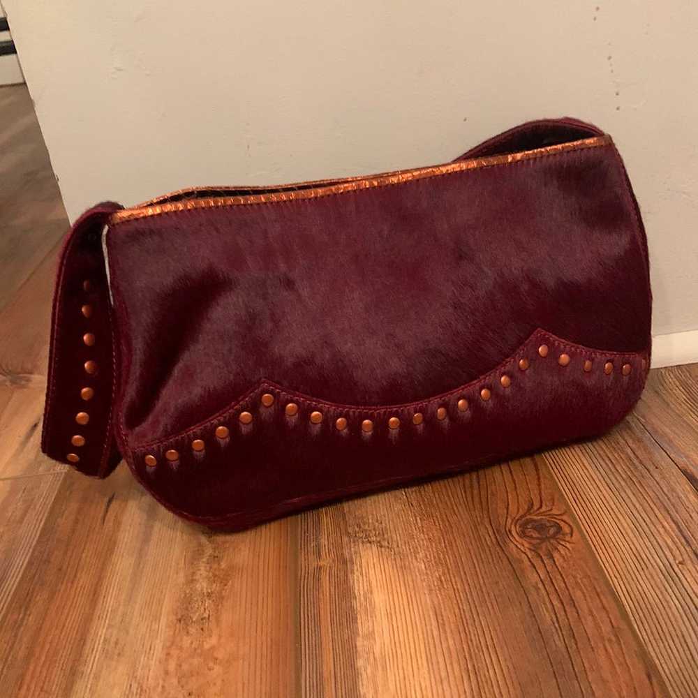 Vintage burgundy leather fur studded shoulder bag - image 2