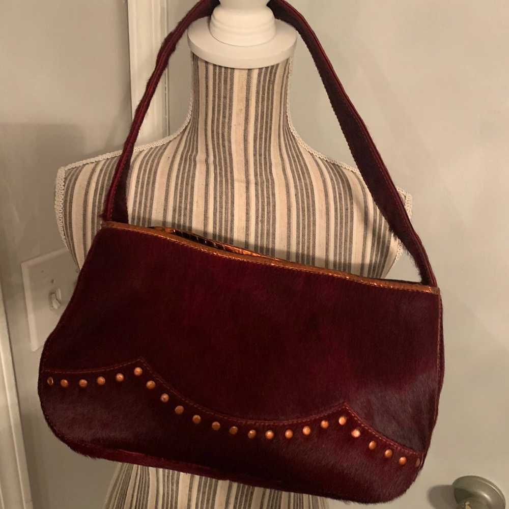 Vintage burgundy leather fur studded shoulder bag - image 3