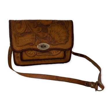 Vintage 70s Embossed Tool Leather Hand Bag Purse … - image 1