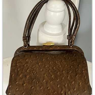 Vintage ostrich pattern leather purse satchel bag… - image 1