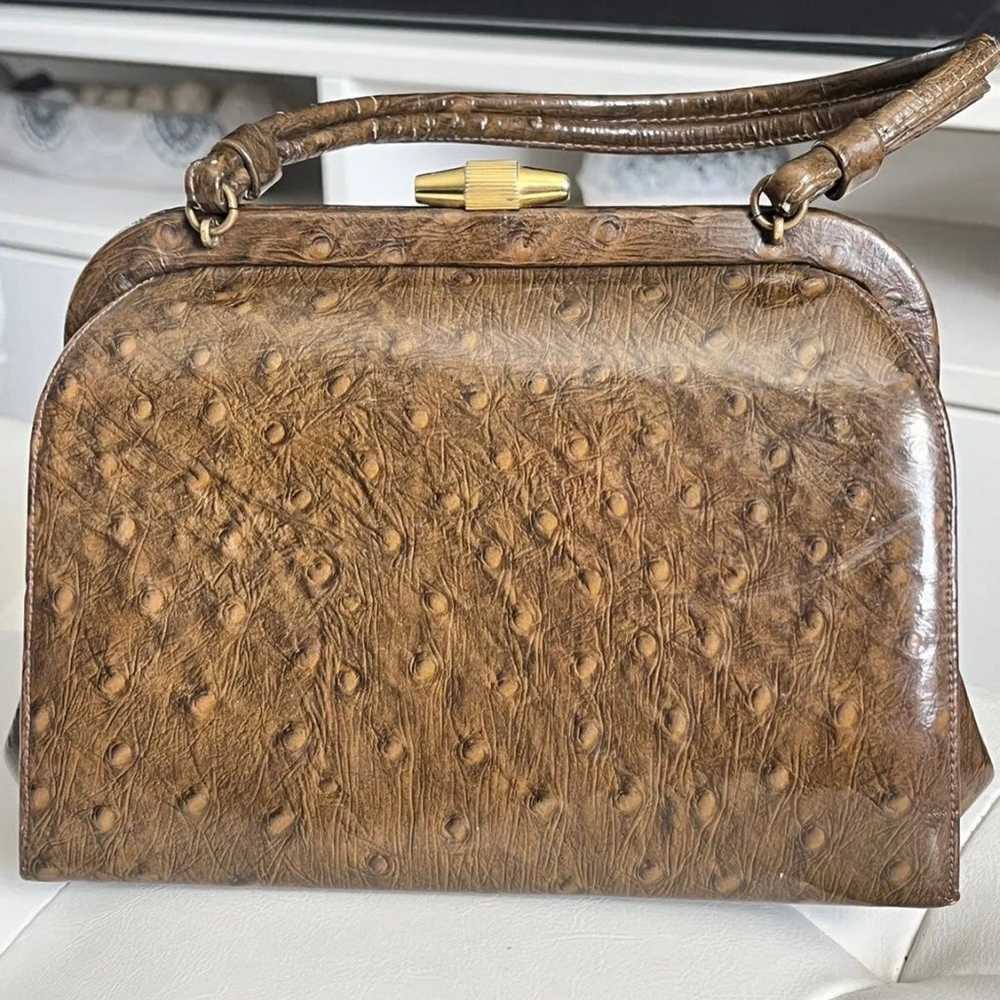 Vintage ostrich pattern leather purse satchel bag… - image 2