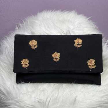 Vintage Black Hand Painted Gold Rose Evening Bag - image 1