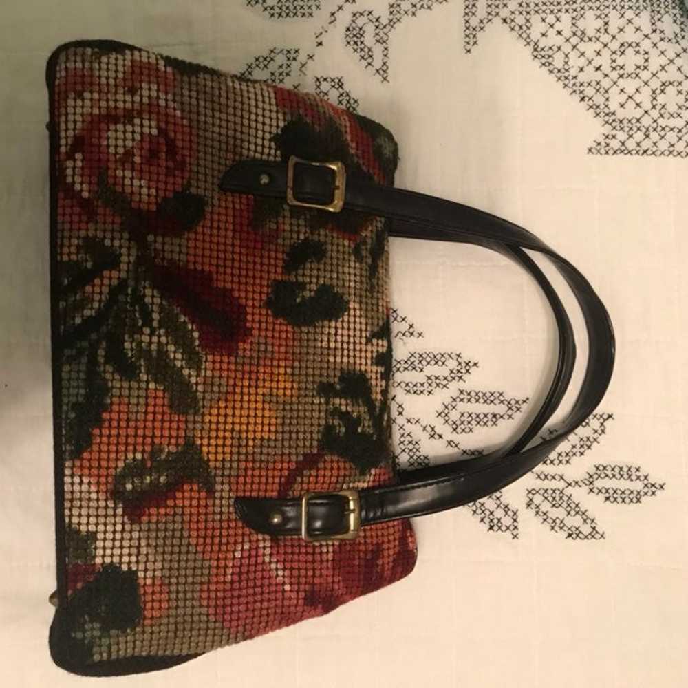 Vintage Needlepoint Black Floral Purse - image 2