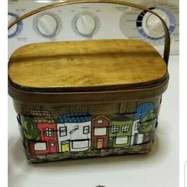 VTG FOLK ART Handpainted WOOD BASKET BAG - image 1