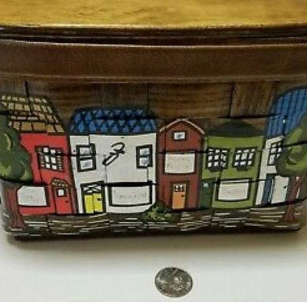 VTG FOLK ART Handpainted WOOD BASKET BAG - image 2