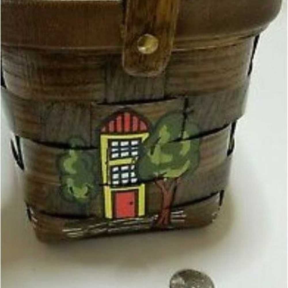 VTG FOLK ART Handpainted WOOD BASKET BAG - image 5