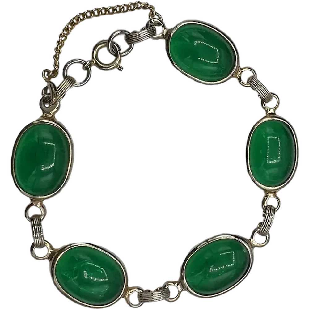 Vintage Green Glass Cabochon Link Bracelet - BR541 - image 1