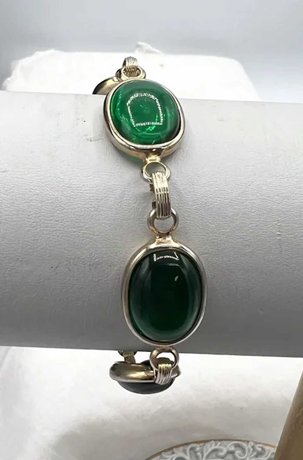 Vintage Green Glass Cabochon Link Bracelet - BR541 - image 2