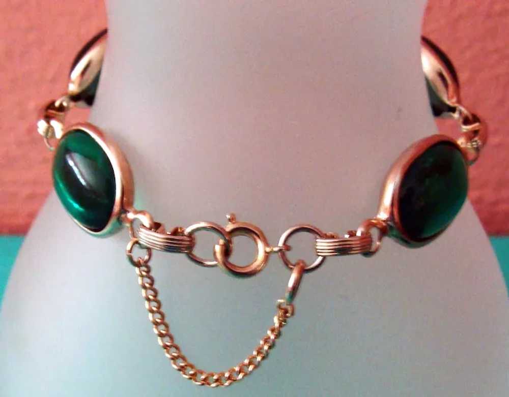 Vintage Green Glass Cabochon Link Bracelet - BR541 - image 3