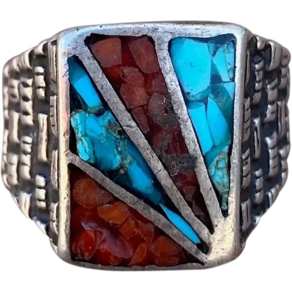 1980s Turquoise Coral Inlay Ring Band Sz 9.5 - image 1