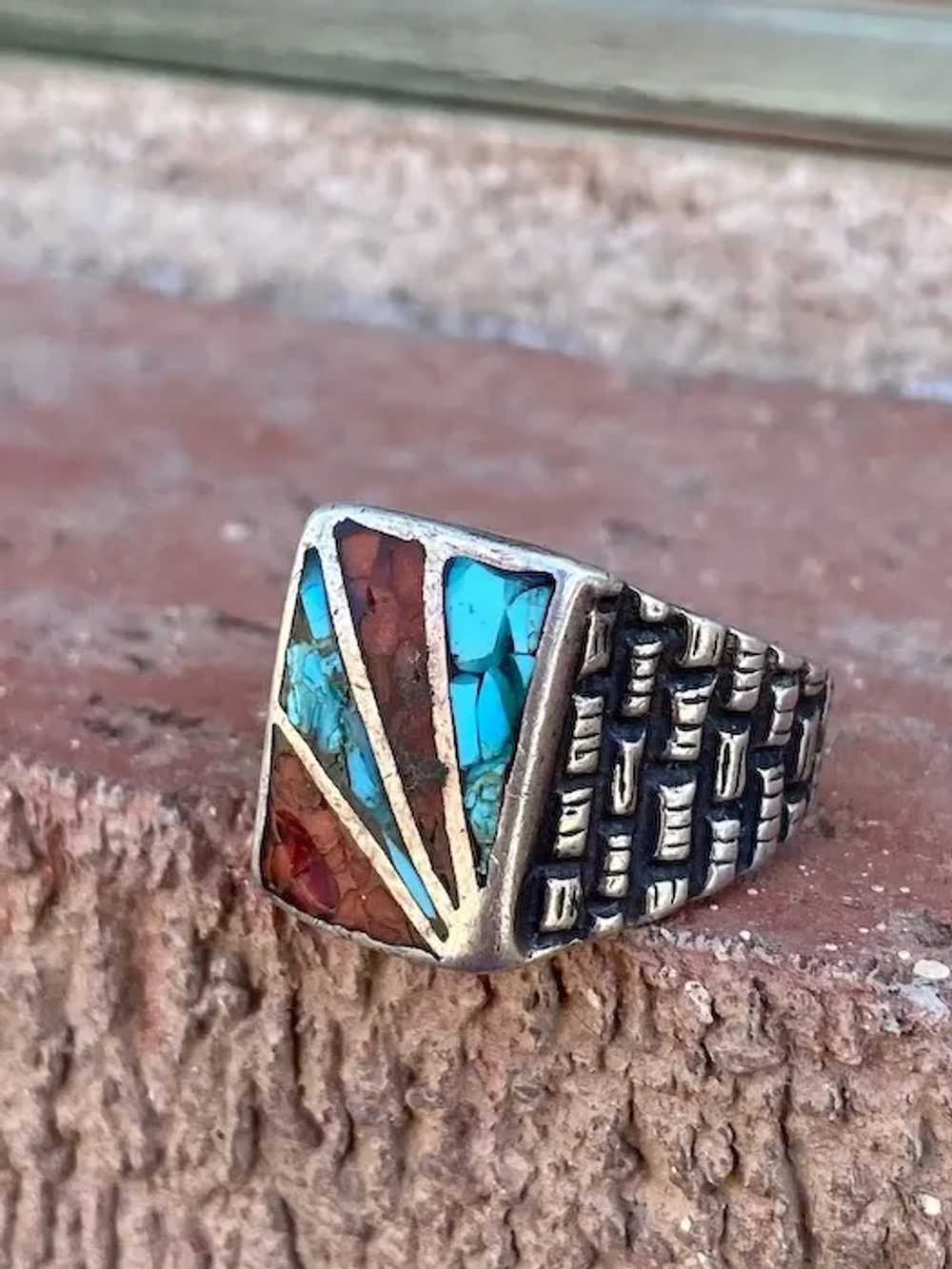 1980s Turquoise Coral Inlay Ring Band Sz 9.5 - image 2