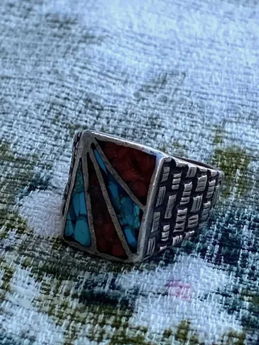 1980s Turquoise Coral Inlay Ring Band Sz 9.5 - image 3