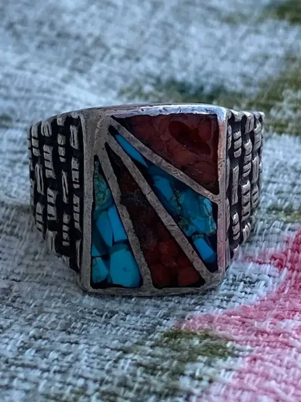 1980s Turquoise Coral Inlay Ring Band Sz 9.5 - image 4