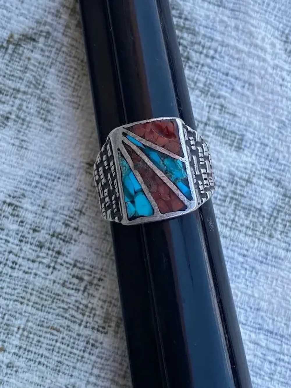 1980s Turquoise Coral Inlay Ring Band Sz 9.5 - image 5