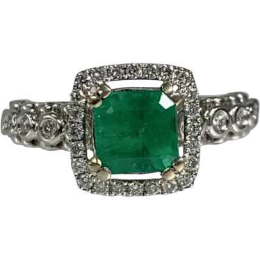 18K White Gold Square Cut Emerald Halo Diamond Ri… - image 1