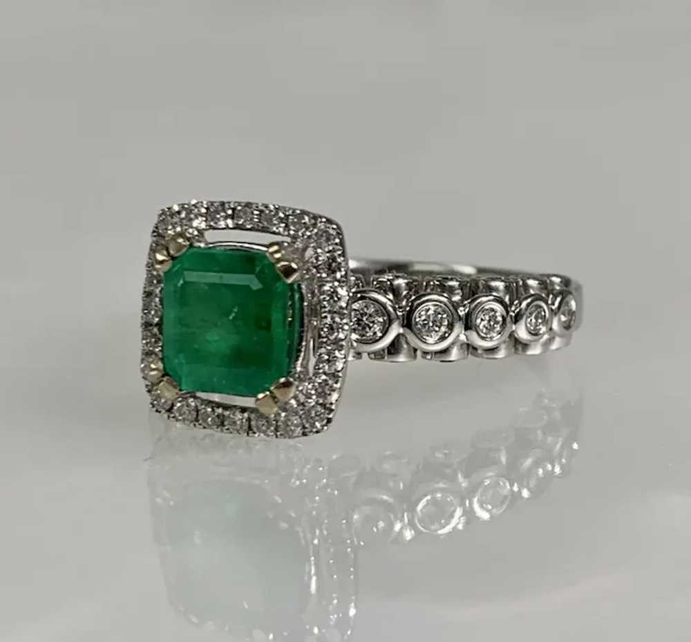 18K White Gold Square Cut Emerald Halo Diamond Ri… - image 2