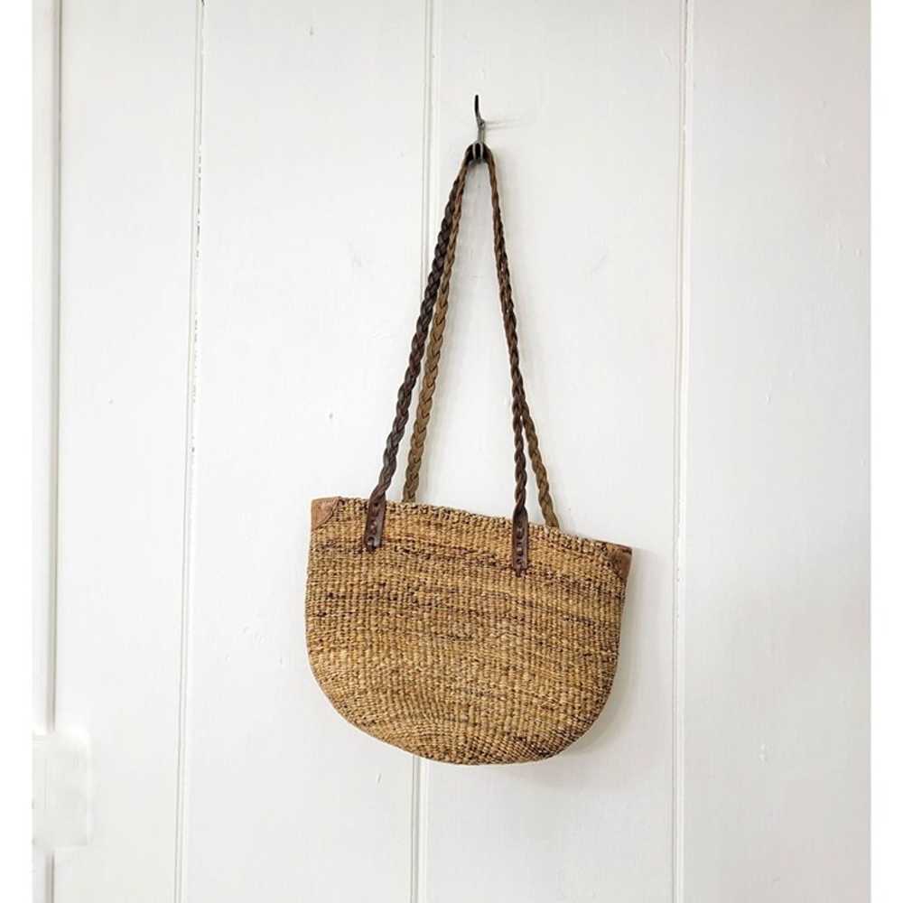 Vintage Boho Woven Jute and Leather Hippie Purse … - image 2