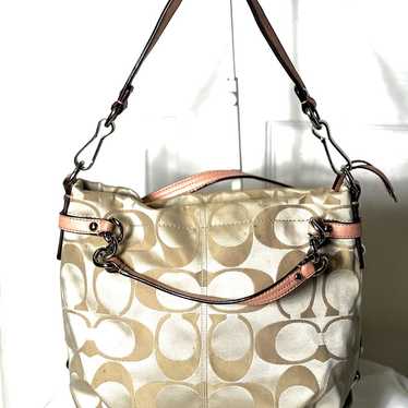 Coach khaki 2024 and white Op Art Brooke 14147 Sateen Medium Hobo Bag