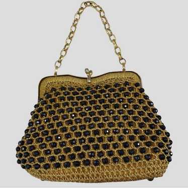 Vintage 50s Woven Gold Black Beaded Top Handle Bag - image 1