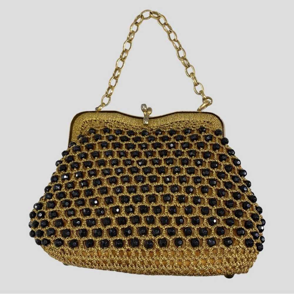 Vintage 50s Woven Gold Black Beaded Top Handle Bag - image 9