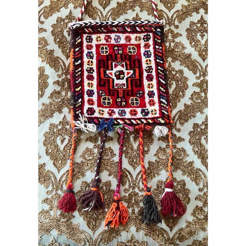 Vintage Persian Wool Carpet Salt Rug Bag Tassels … - image 1