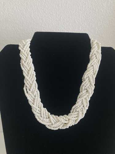 Braided White Glass Beaded Necklace Vintage Seed B