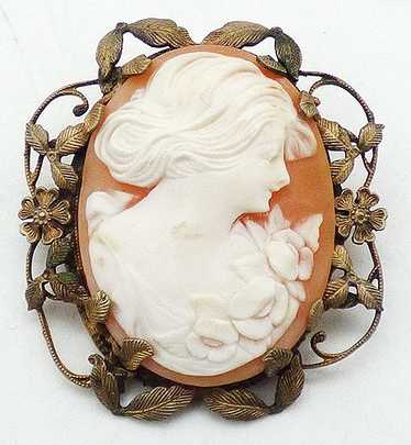 Signed JH Shell Cameo Brooch