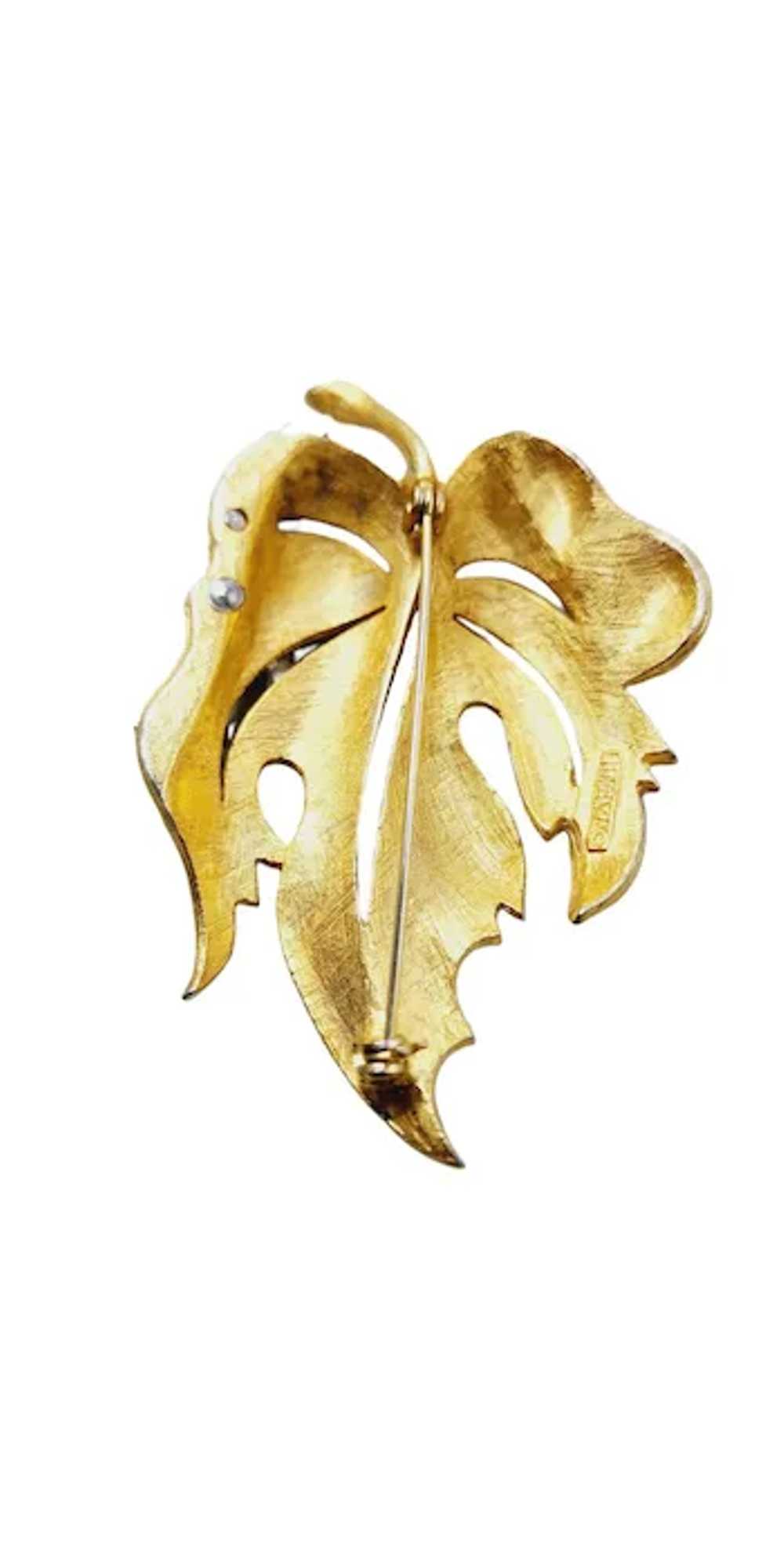 Vintage Florenza Brushed Gold & Rhinestone Leaf B… - image 3