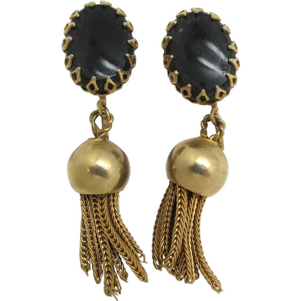 Black Glass Earrings with Metal Tassel - image 1