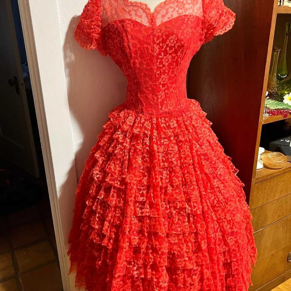 50s Vintage Red Lace Dress - image 2