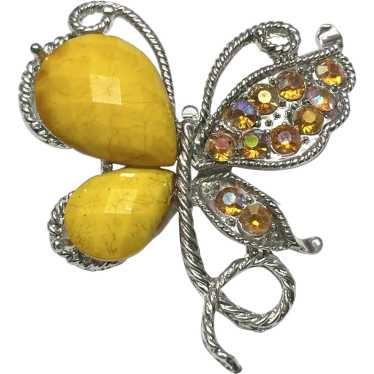 Vintage Yellow Rhinestone Butterfly Brooch Pin