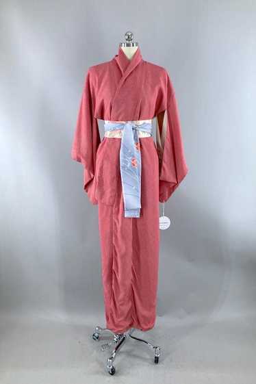 Vintage Red & White Dotted Print Silk Kimono - image 1