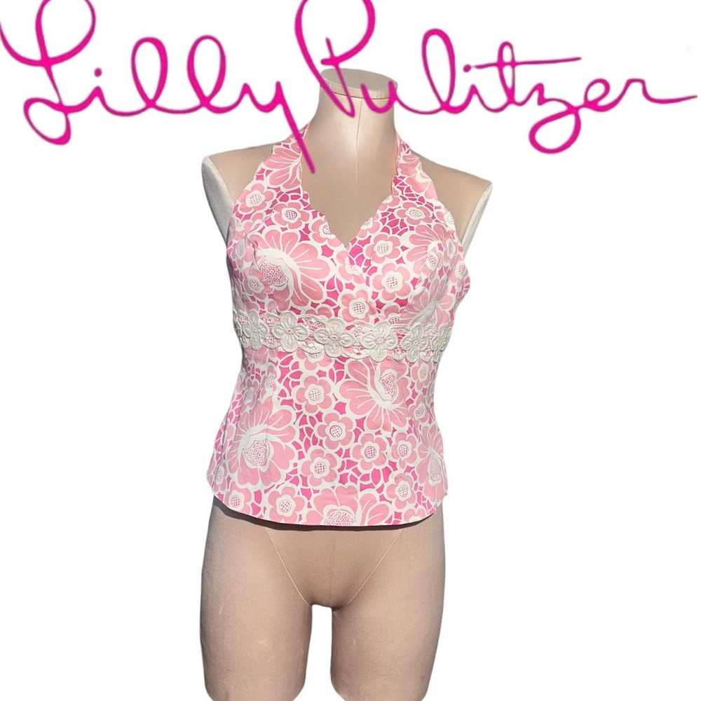 Lilly Pulitzer White label pink and white halter … - image 1
