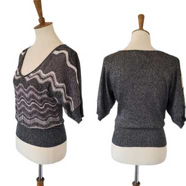 90's Metallic Silk Blend Black Zig Zag Pattern Top - image 1