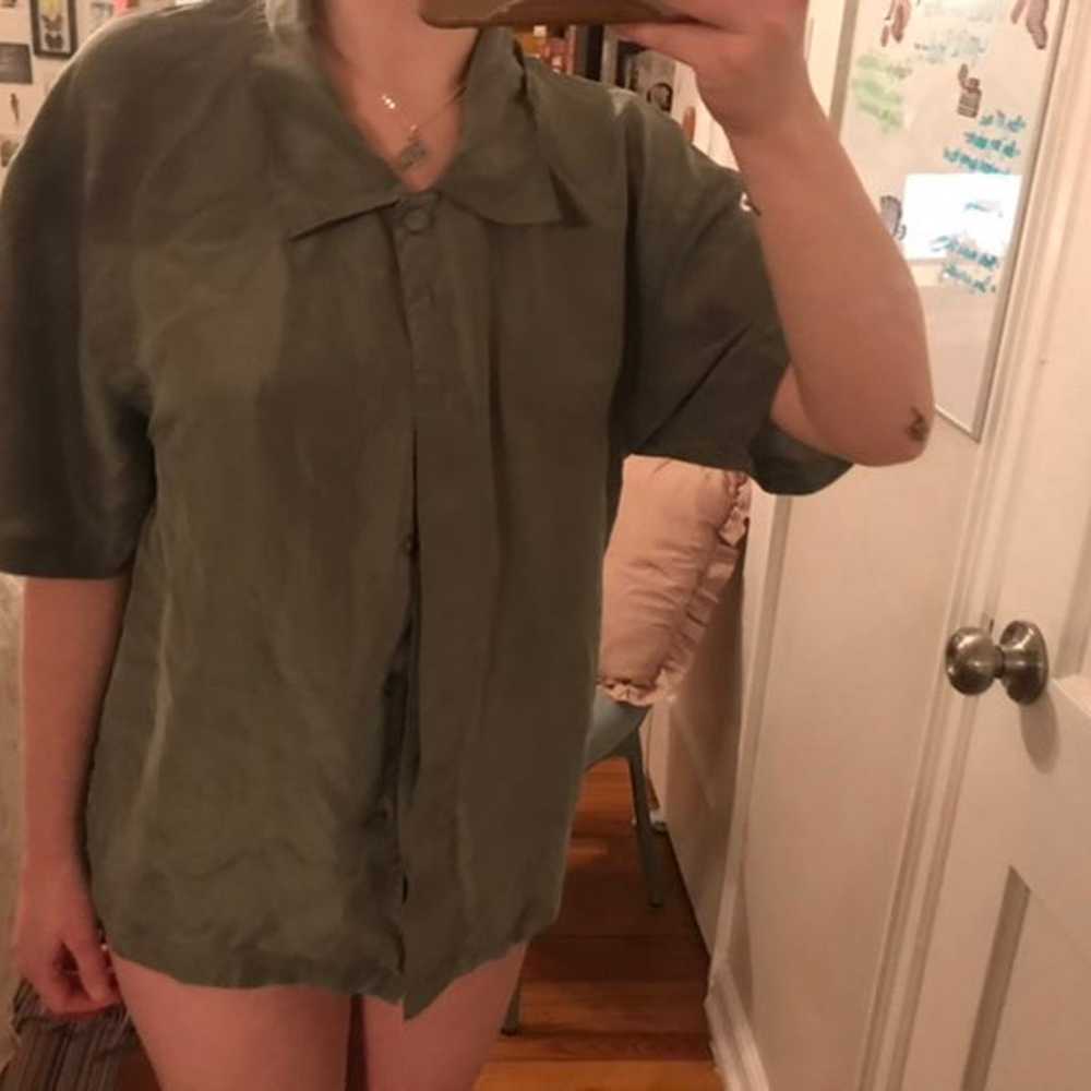 Vintage Army Green Silk Button Up Blouse - image 2