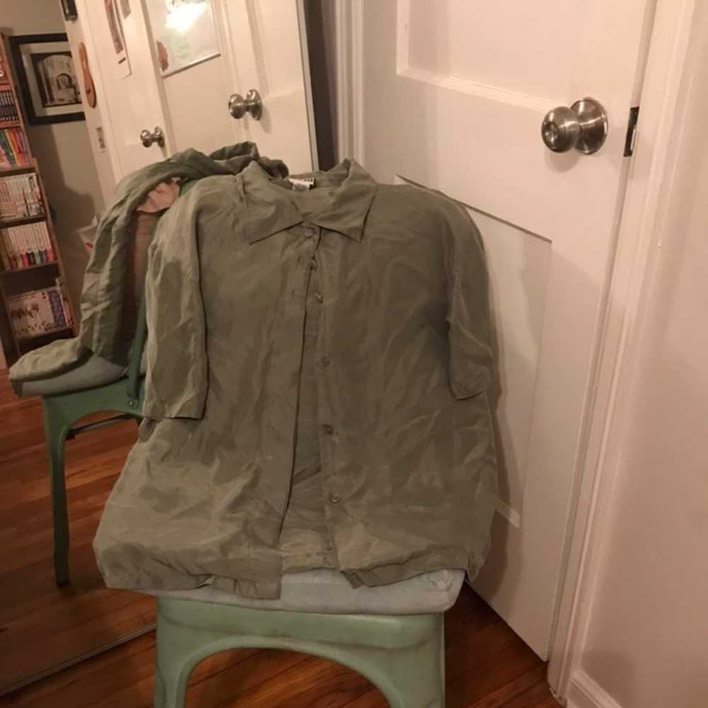 Vintage Army Green Silk Button Up Blouse - image 3